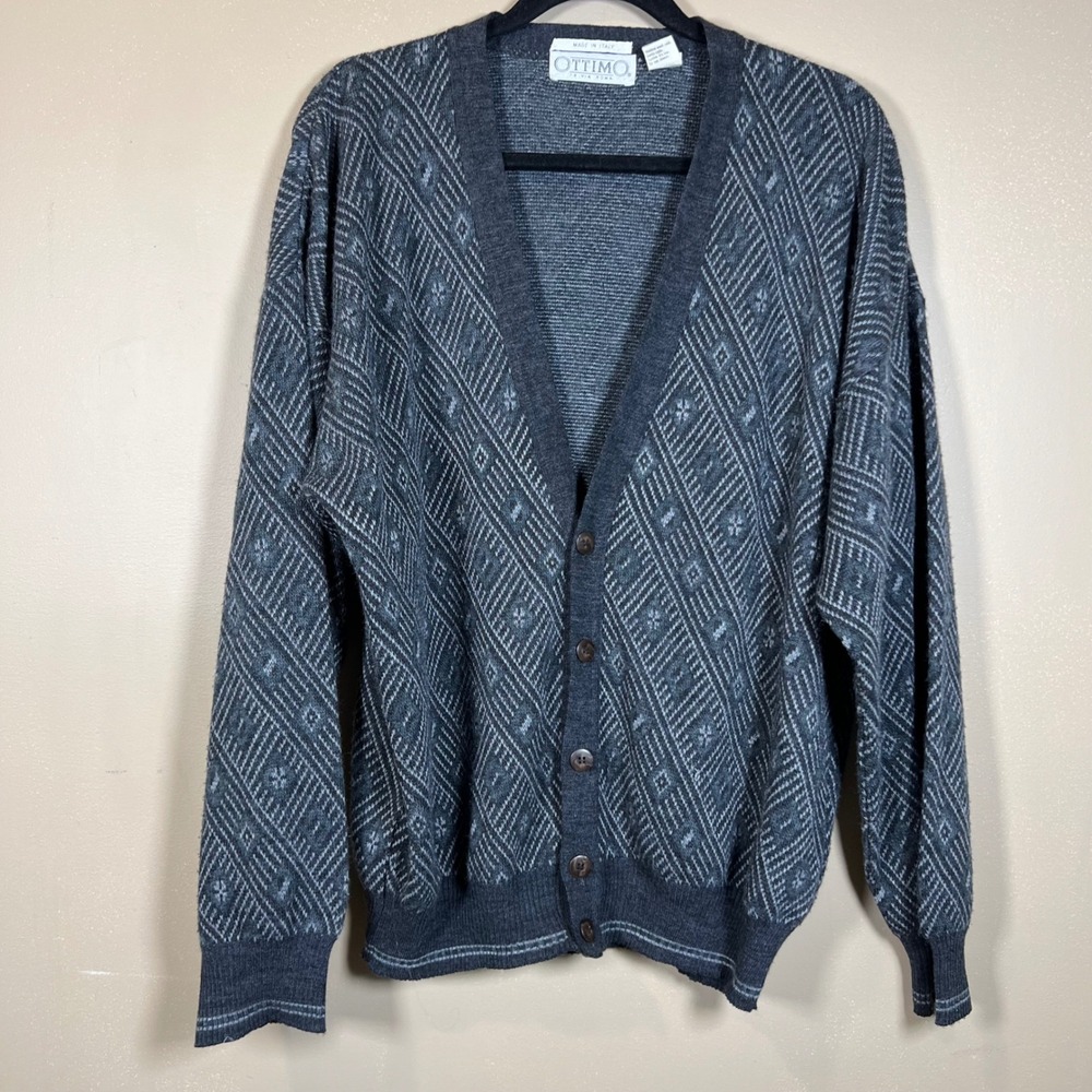 Ottimo 18 Via Roma Grey Geometric Diamond Knit Wool Blend Cardigan Italy Large